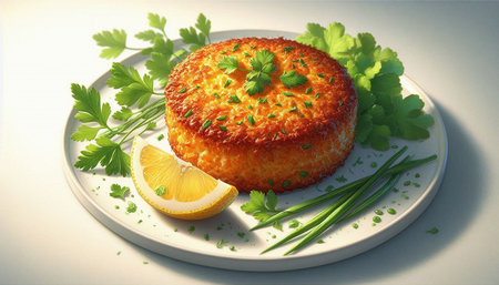 Lemon cake with parsley on a white plate. 3d render