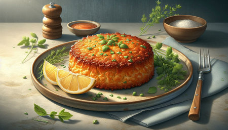 Lemon cake with fresh herbs and spices on a wooden table.