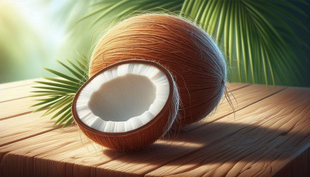 Coconut on wooden table with palm leaves. 3d render