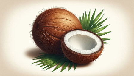 Coconut with palm leaves on white background. 3D illustration.