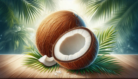 Coconut with palm leaves on wooden background. 3d illustration
