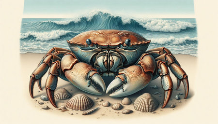 Crab in the sand and seashells. 3d illustration