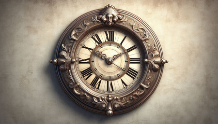 Vintage clock on old wall background. 3d render illustration.
