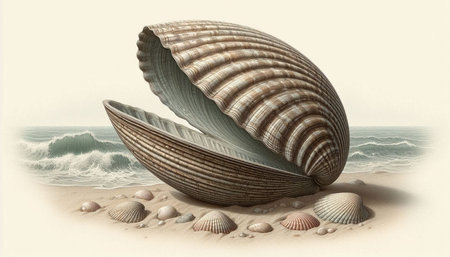 Seashells on the sand by the sea. 3d illustration