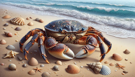 3D rendering of a blue crab on the beach with seashells