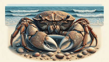 Illustration of a crab on the beach with seashells.