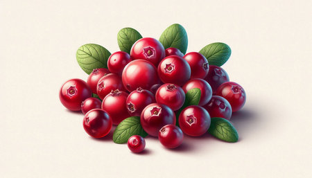 Cranberries with green leaves on white background. 3d illustration