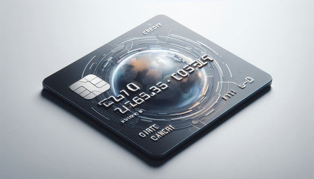 Close up of a credit card with the world on the screen.