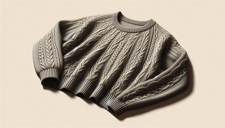 A close up shot of a knitted sweater on a plain background