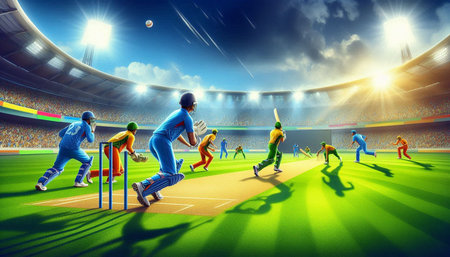 Cricket players in action at the stadium. 3D rendering