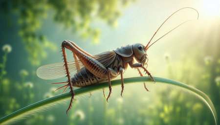 Grasshopper on the blade of grass with morning sunlight.