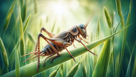 Cricket on green grass in the morning sun. 3d illustration