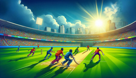 Cricket players in action on the field. Vector illustration.