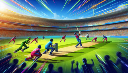 Cricket players in action at the stadium. 3D rendering