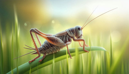 Grasshopper on the blade of grass in the morning.
