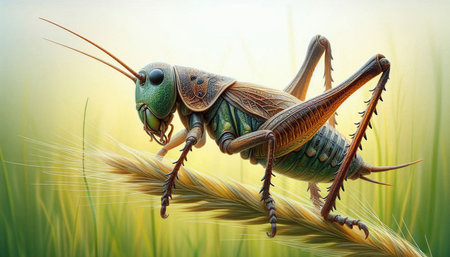 Grasshopper on the blade of grass. Nature background.