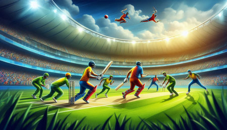 Cricket players in action on the stadium. Vector illustration.