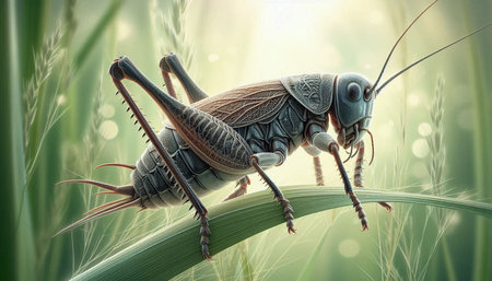 3d illustration of grasshopper in the grass with dew