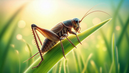 Grasshopper on the blade of grass in the morning.