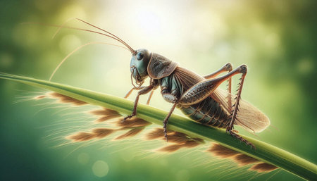 Grasshopper on a blade of grass in the nature.
