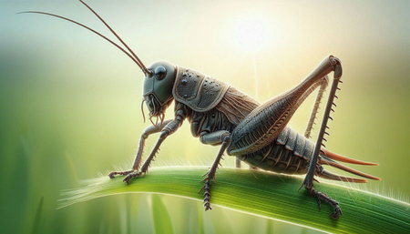 Grasshopper on the green grass with sunlight in the morning