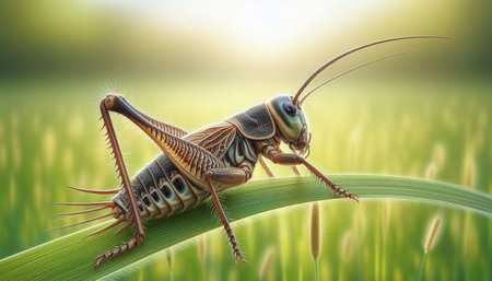 Grasshopper on a blade of grass. Close up.
