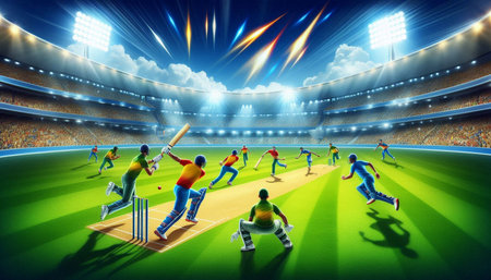 Cricket players in action on the stadium. Vector illustration.