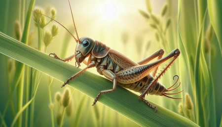 Grasshopper on a blade of grass. 3d rendering