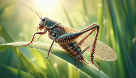 Grasshopper on a blade of grass, close-up