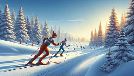 Cross-country skiing in the winter forest. 3D illustration.