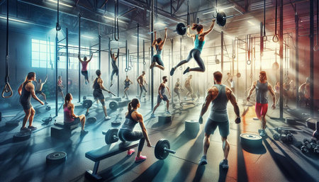 Sporty people exercising in the gym. Mixed media. Mixed media