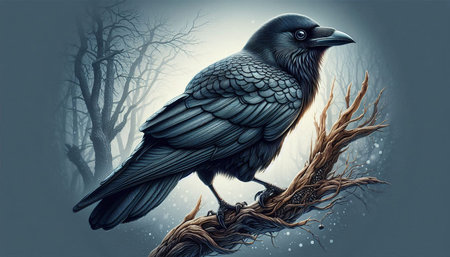 Illustration of crow sitting on a branch in a spooky forest