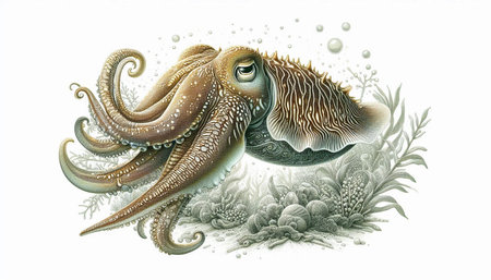 Illustration of a cuttlefish with algae and bubbles on a white background