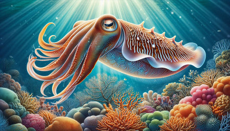 Octopus in the sea. 3D illustration. Underwater world.