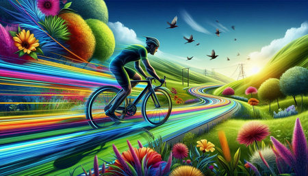 Cyclist riding bicycle on the road in the green meadow