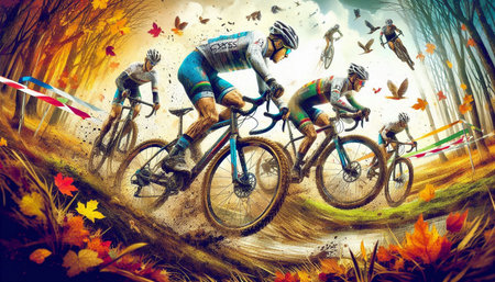 Cyclists in the autumn forest. Extreme mountain bike race.