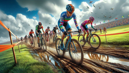 Cyclists in action at the race. 3D rendering.