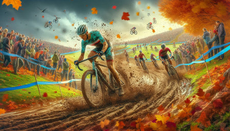 Mountain bike rider on the track in the autumn forest. 3d rendering