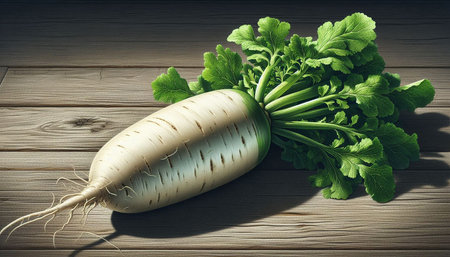 Daikon radish with green leaves on a wooden background.