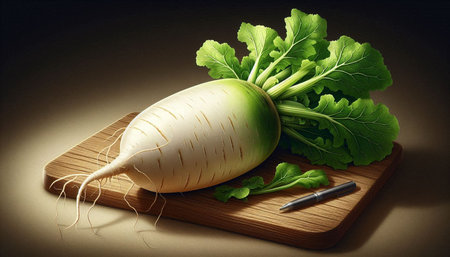 Daikon radish with green leaves on a wooden cutting board