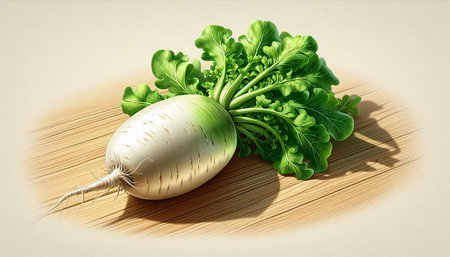 Daikon radish with green leaves on wooden background. 3d illustration
