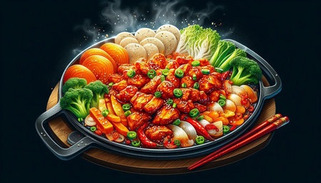 Delicious Chinese food with chicken and vegetables in a pan on black background