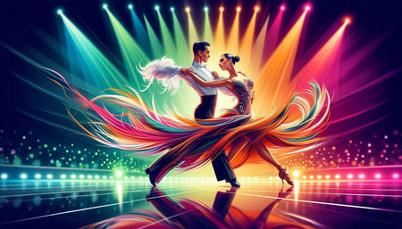 Couple dancing ballroom dance on stage with colorful lights and spotlights