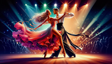 Dancing couple in front of a stage with lights and spotlights