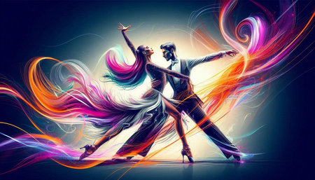 Dance ballroom couple in front of abstract colorful background. Mixed media