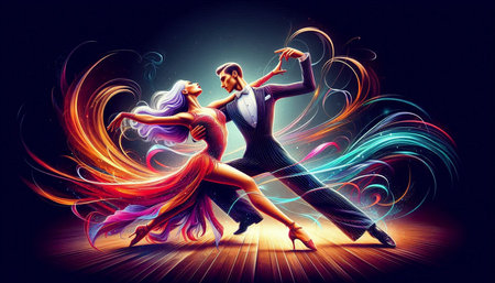 Dancing couple in ballroom against color background with lights and smoke