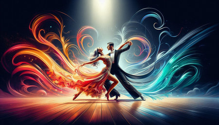 Dance couple in ballroom against color background with lights and smoke