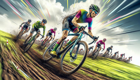 Cyclists in action on the road to victory. 3D rendering