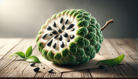 Custard apple fruit on wooden background with copy space for text