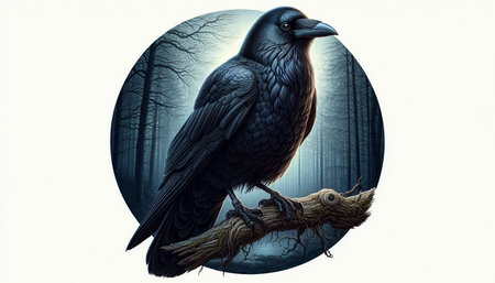Crow sitting on a branch in the forest. Illustration.
